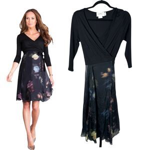 Seraphine Black Floral Midi Wrap Dress with Watercolor Skirt